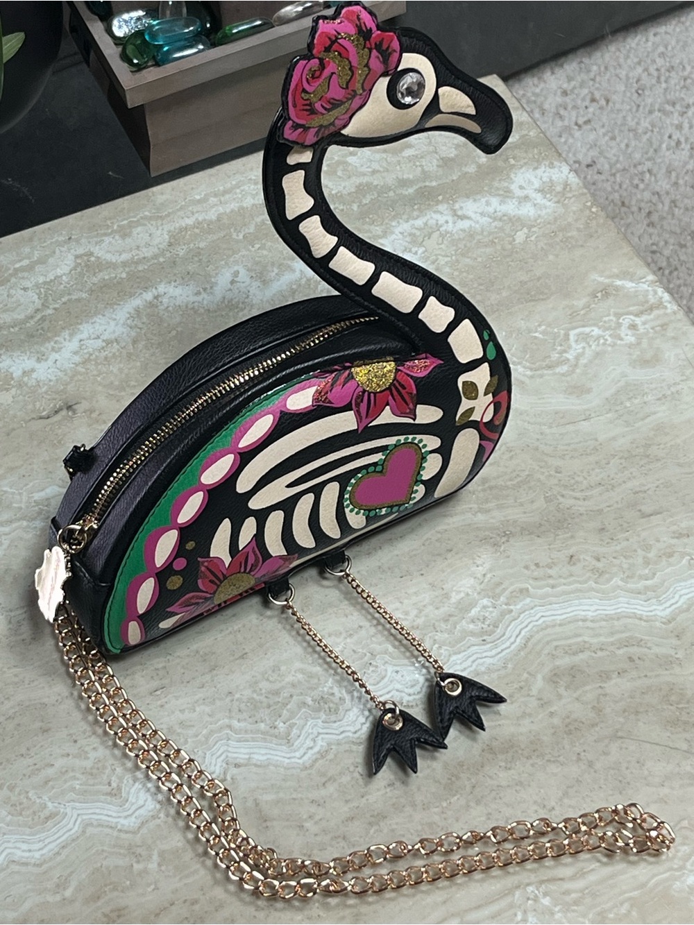 Betsey Johnson BETSEYVILLE Flamingo Sugerskull Crossbody glow in the dark! - Picture 2 of 10
